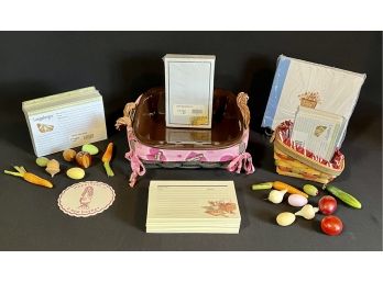 A Fun Collection Of Longaberger Baking Items Inc A Casserole Holder, Recipe Cards, Mini Wood Veggies And More