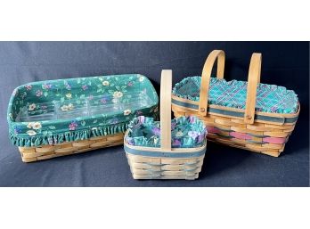 3 Longaberger Baskets W Green Floral Inserts Signed And Dated