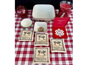 Longaberger Poinsettia Christmas Dishes, Candle, VTG Strawberry Jam Jar, VTG Hot Pads And More