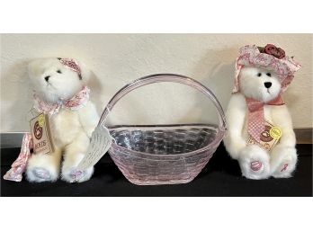 2 NWT Longaberger Hope Bears And A Pink Collectors Club Galss Crocus Basket