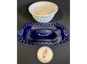 Longaberger Pottery All American Large Serving Bowl And Stars And Strips Serving Platter