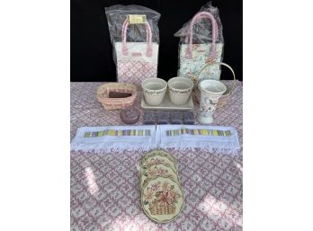 A Fantastic Collection Of Spring Longaberger Items. Inc Baskets Hope Tablecloth, Pots, Coasters