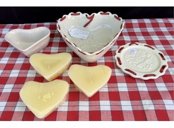 Collection Of Longaberger Items Including Three Heart Candles & A Sweetest Heart Dish & More
