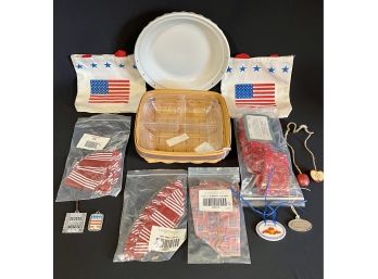 Longaberger Independence Day Items Inc. Basket, Pie Plate, Liners, Ruffles, Cloth Bags And More