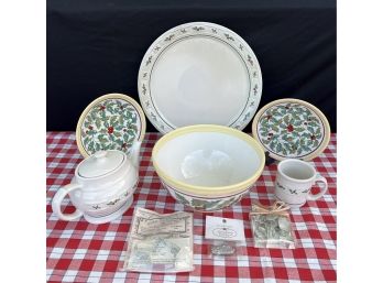 A Mix Of Longaberger Christmas Dishes Inc.Holly & American Holly Tea Pot, Large Bowl, Platter And More
