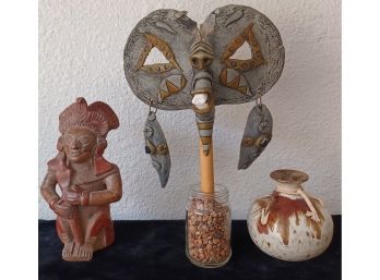 A Collection Of Clay/pottery Items Inc. A Mask, Vase And A Mayan Aztec Clay Figure