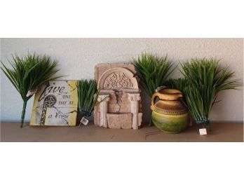 Stone Wall Water Fountain With A Clay Pot And Faux Greenery