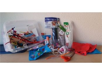 A Small Tote Of Childrens Crafts Inc. Pipe Cleaners Craft Kits, Glue Gun W Glue Sticks And More