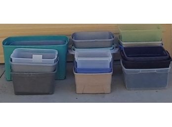 A Large Amount Of Totes In Various Colors And Sizes (no Lids)