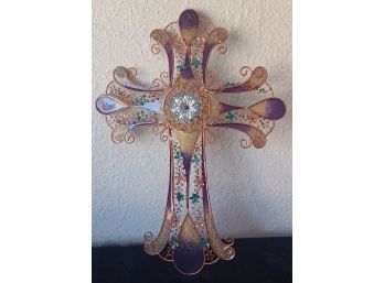 A Very Pretty Stained Glass Cross With Metal Embellishments