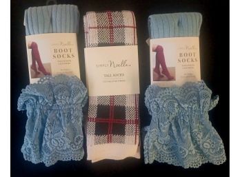 3 Pairs Of New Socks By Simply Noelle 2 Blue Pair Of Boot Socks And One Plaid Tall Socks 9one Size Fits Most