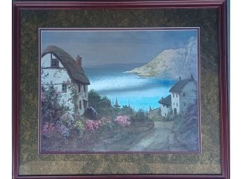 Cottage Ocean Scene In Cherry Wood Frame