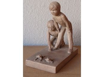 1983 The Big Jump Small Children Boys With Frogs Statue Sculpture By Austin Family Collection
