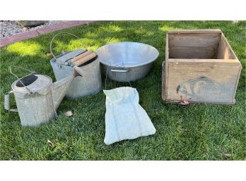 An Assortment Of Galvanized Steel Inc. Vintage Wash Bin, Clothes Pin Hanger, AGA Box, Water Can And More!