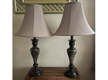 2 Lamps With Beige Lampshades And Glass Marble Base (tested)