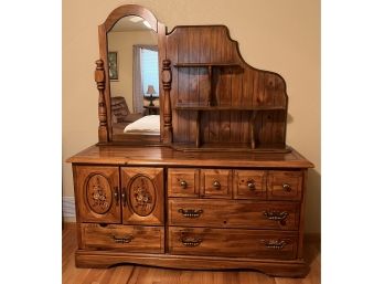 Vintage Oak Dresser With Hand-painted Doors And Mirror