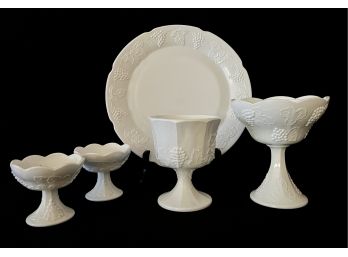 A Pretty Collection Of Vintage Harvest Grape Pattern Milk Glass Inc. Lrg. Platter, Compote Candle Holders