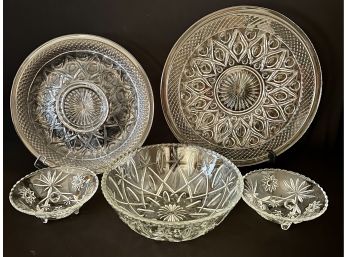 A Lovely Collection Of Cut Glass Inc. Platter, Bowl, Serving Tray, 2 Small Footed Bowls