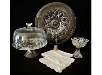 A Beautiful Assortment Of Vintage Cut Glass Inc. A Pedestal Dome Top Cake Holder, Platter, Compote Bowl & More