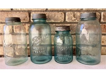 A Fabulous Collection Of Vintage/antique Green Ball Mason Jars. One Has A Glass Top With Metal Ring