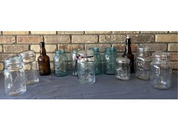 Ball And Atlas Canning Jars And Canisters With 2 Beer Bottles