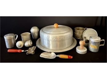 Misc. Lot Of Vintage And Antique Metal Kitchen Items, Incl. Really Nice Cake Carrier
