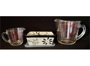 Pyrex 4 Cup Measuring Cup, Fire King Glass 1 Cup, A Cute Temptations Butter Dish With Plastic Lid