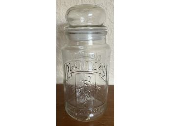 Vintage Planters Peanuts '75th Anniversary' Embossed Glass Jar With Lid Made In 1981