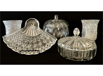 Great Grouping Of Glass, Incl. Pumpkin Jar, Buffet Plate, Candy Dish, & Snowflake Candle Holders