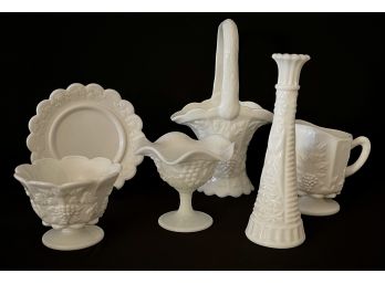 6 Pieces Of Milk Glass Inc. Vase, Plate, Basket And More