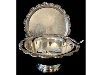 A Nice Silverplate Punchbowl With Ladle And Silverplate Tray By Towle