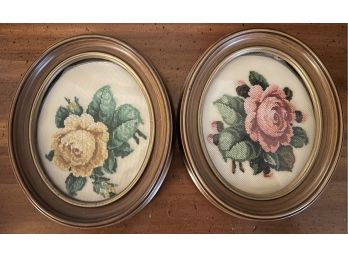 Two Small Oval Vintage Rose Needlepoint Wall Hangings