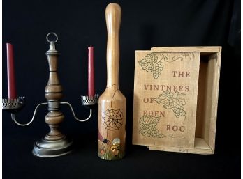 Vintners Of Eden Roc Box, With Candelabra, & Large Hand Painted Wooden Mallet