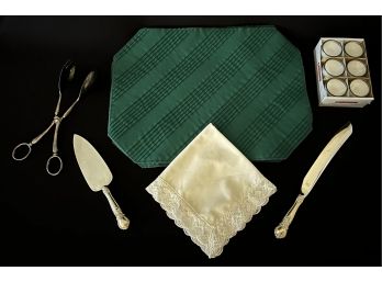 10 Green Cloth Placemats, Silverplated Tongs, 10 Lace Napkins And More