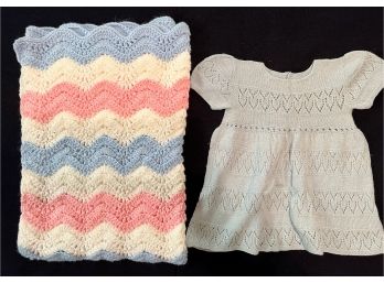 Vintage Crotched White, Blue, And Pink Blanket With A Baby Blue Knitted Dress