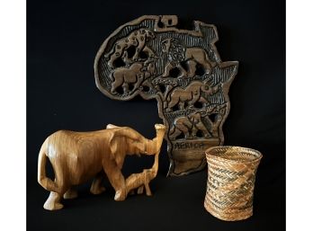 Wooden Map Of Africa, With Wooden Elephant With Baby Sculpture And Little Basket