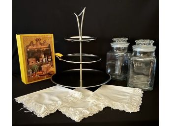Glass Canisters, Three Tiered Server, Recipe File, And 4 Lace-trimmed Napkins