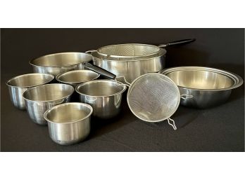 A Large Assortment Of Stainless Steel Mixing/serving Bowls W 2 Strainers
