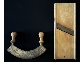 Vintage Wood And Metal Slicer, And Vittel & Come 11 Mezzaluna Knife