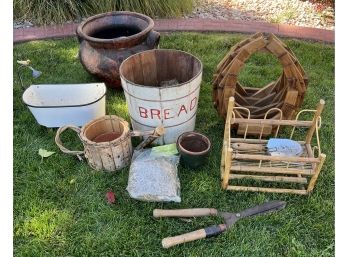 A Fantastic Collection Of Gardening/yard Decorations And Tools Inc. Enamel Bathtub, Lrg Ceramic Pot And More