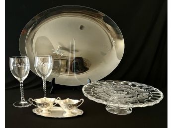 Princess House Heritage Etched Platter, Cake Stand, Metal Cream And Sugar On A Tray
