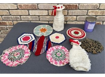 A Collection Of Crotched Doilies Wine Bottle Covers And More