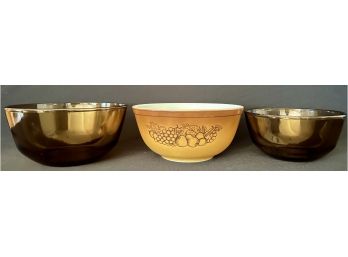 3 Vintage Mixing Bowls Inc. Pyrex Orchard Mixing Bowl W 2 Anchor Hocking Brown Bowls