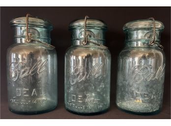 3 Antique Green Ball Ideal Quart Jars With Bail Glass Lid Pat. 1908