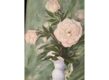 Pink Roses In White Vase Painting By Hazel B. Davis In A Beautiful White W Gold Tone Trim And Felt Matting