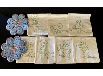 Vintage Embroidered Dish Towels Days Of The Week Child W 2 Crocheted Pot Holders
