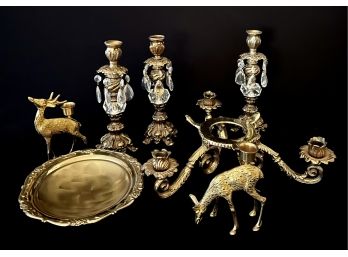 An Assortment Of Brass Decor Inc. 2 Deer, Candelabra, Candle Holders With Crystals And A Modern Brass Bowl