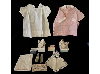 A Precious Collection Of Vintage Baby Items Inc. Leather Shoes, Sterling Silver Squirrel Sweater Clips & More