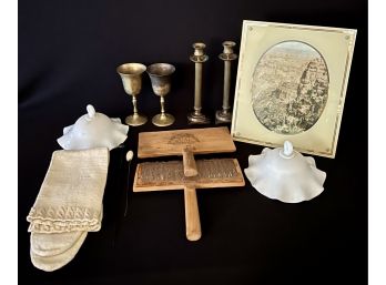 An Assortment Of Vintage Brass, Brushes, Hat Pins, Milk Glass And More