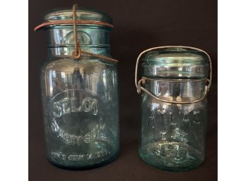 1 Green Antique Quart Selco Surety Seal 1908 With Bail Wire Seal,  1 Atlas E-z Seal Green Jar